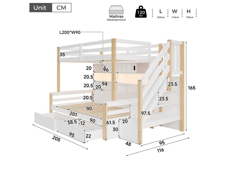  Lit superposé 90 × 200 cm et 90 × 200 cm 2 places avec escalier rangement, led, usb et type-c, sans matelas  - Conforama D