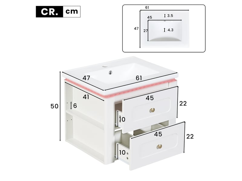 Meuble vasque mural blanc brillant 61 cm avec lavabo céramique, led, tiroirs et étagère latérale réglable - Conforama C