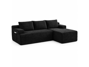 Canapé d’angle convertible 4 places en velours côtelé noir, modulable, sans montage, confort profond