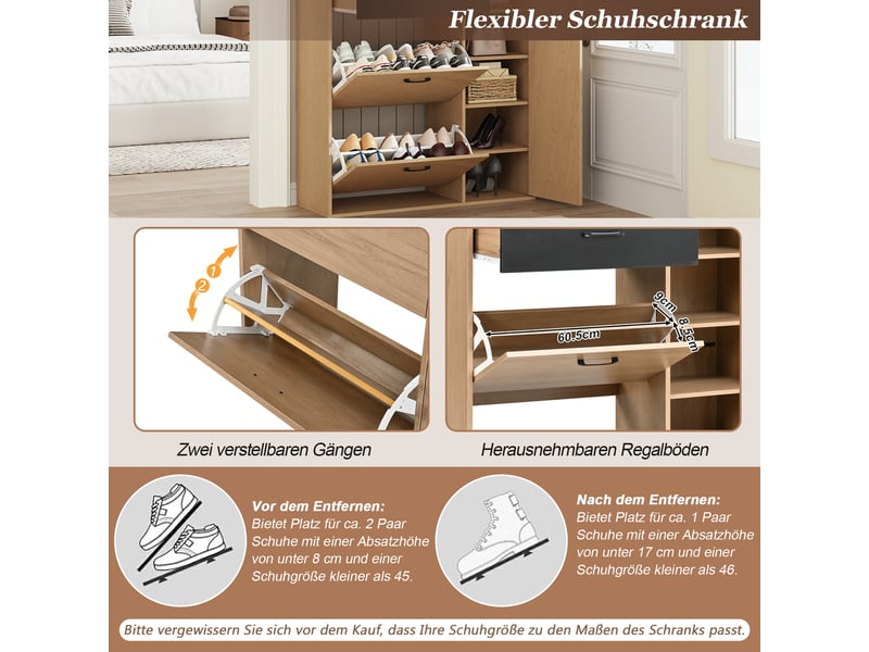  Meuble à chaussures naturel et noir 100 × 35 × 106 cm, en mdf et panneaux de particules, avec capacité 8 paires  - Conforama E