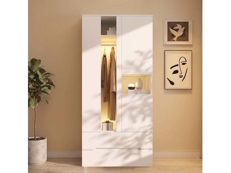  Armoire 3 portes avec led, 90 x 50 x 200 cm, penderie, 2 tiroirs, blanche  - Conforama D