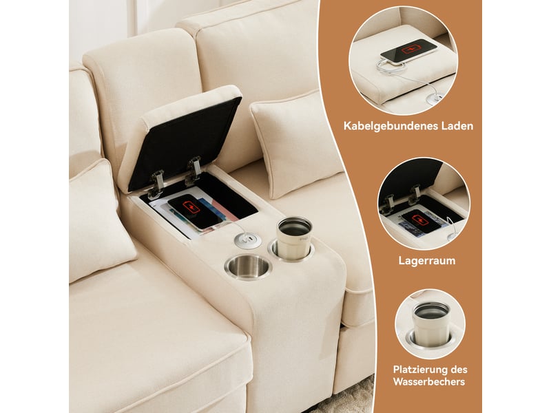 Canapé 4 places, canapé de salon — avec accoudoirs, en lin, porte-gobelets, port usb - Conforama W