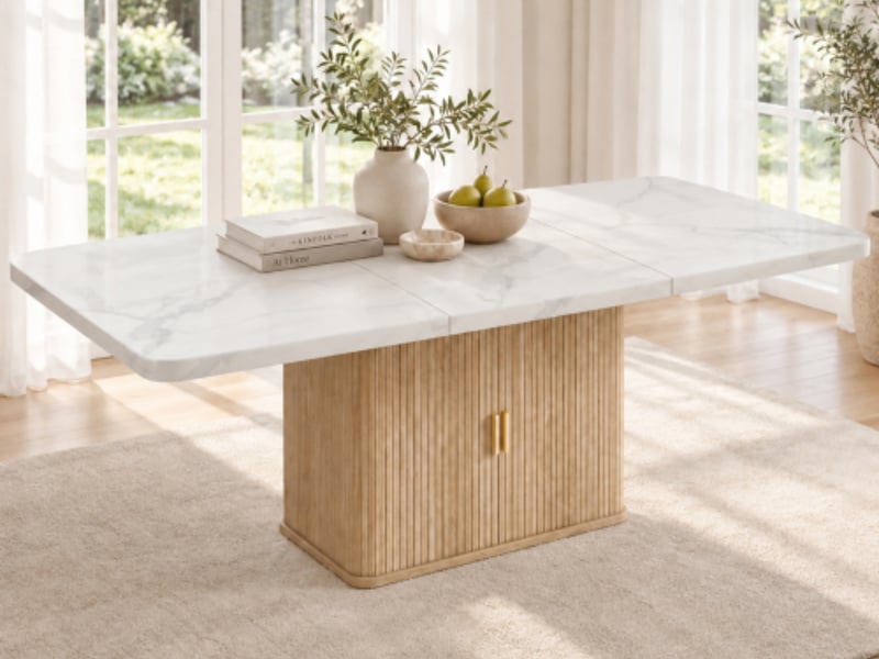  Table à manger extensible 150-200 cm avec rangement, effet marbre blanc et chêne, 6 à 8 personnes  - Conforama B