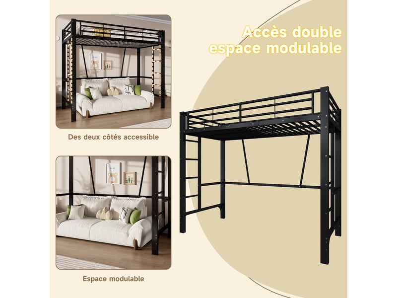  Lit mezzanine 90x200 cm en métal noir avec échelles des deux côtés, garde-corps et espace libre sous le lit.  - Conforama E