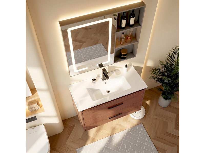 Meuble de salle de bain 75 x 46 x 52 cm, grand espace de rangement avec 2 tiroirs, mdf, marron - Conforama E