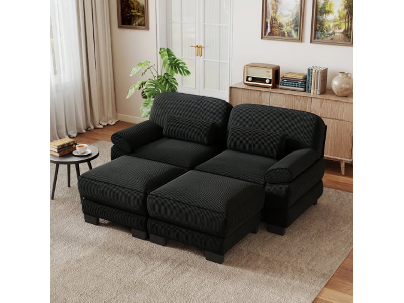  Canapé modulable,194x161x94 cm,2 places avec 2 poufs,velours côtelé,noir  - Conforama B