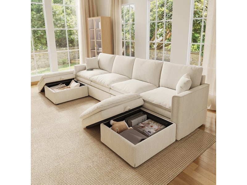  Canapé d'angle modulable en u ou l, 6 places beige en tissu coton et lin, avec 2 poufs de rangement &amp; ports usb, pour salon - 277x135cm  - Conforama D