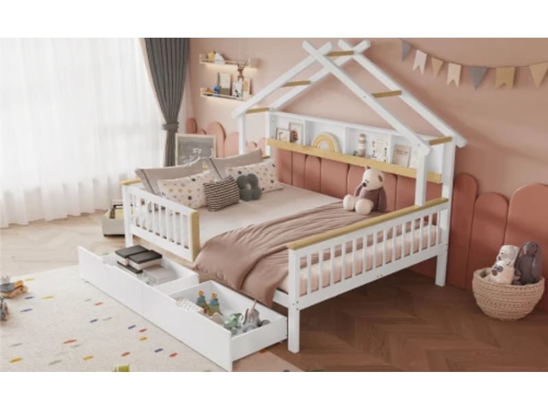  Lit enfant, 140×200 cm, protection anti-chute + barrière, design toit, étagère 2 m, 2 tiroirs sur roulettes, pin + mdf, blanc  - Conforama B