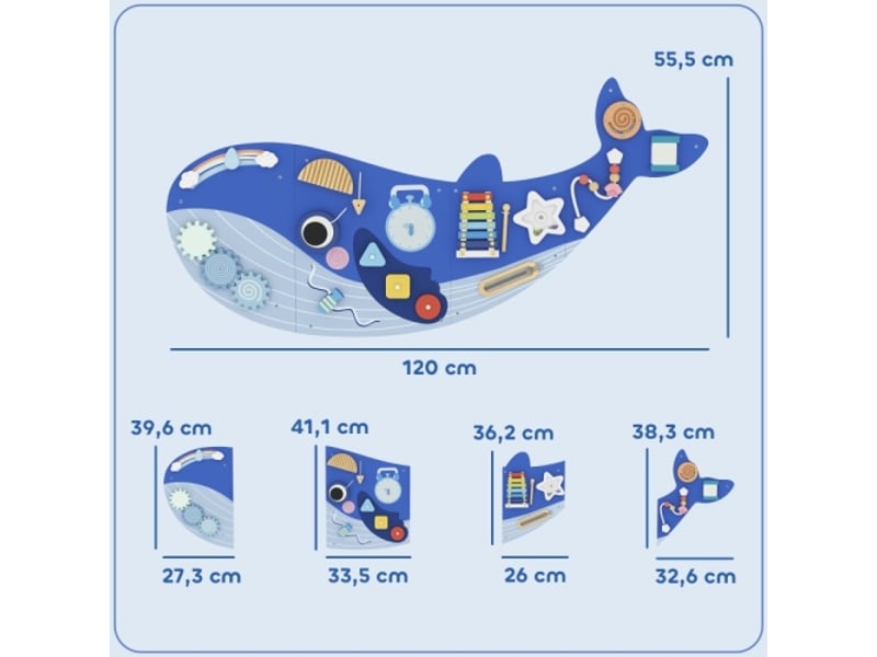 Tableau d’activités montessori baleine 13 en 1 en bois, xylophone, horloge, engrenages, mural - Conforama C