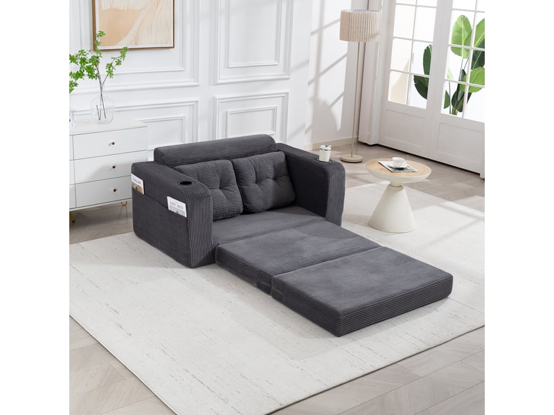 Canapé convertible 2 places en velours côtelé gris 136 cm, canapé lit compact avec assise rembourrée pour petit salon IKSETERA TRADING LTD - Conforama E