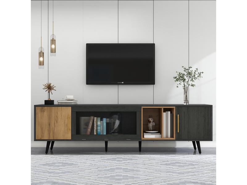  Meuble tv avec 3 portes, niche et passe-câbles pour salon 200×40×55,5 cm en mdf gris et marron  - Conforama B