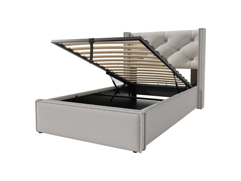  Lit coffre 90x200 cm, rangement hydraulique, sommier à lattes, tête de lit capitonnée, coton gris clair C-DEGAYUN - Conforama D