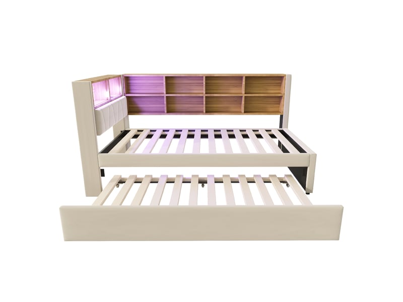 Lit gigogne 90x200 cm 2 en 1 avec led et 10 niches, flanelle, beige, sans matelas - Conforama E