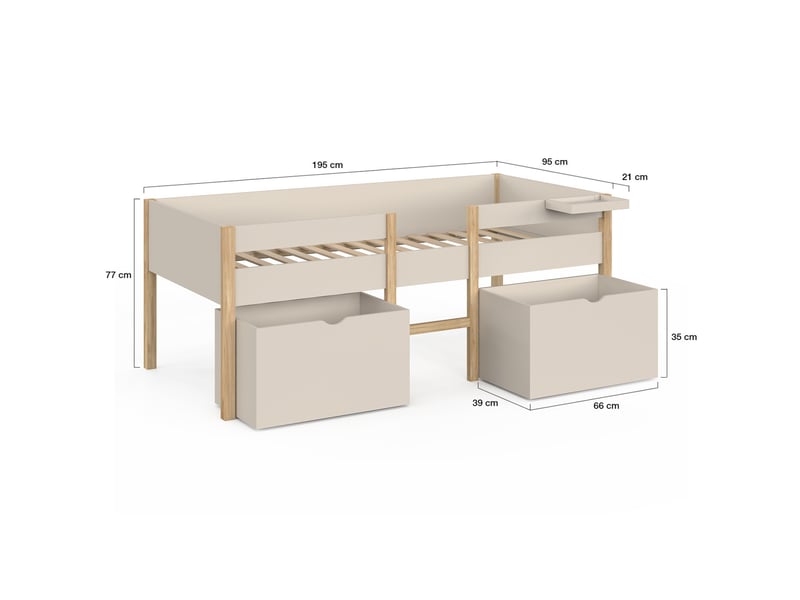  Lit simple surélevé mi-hauteur 90 x 190 cm servane avec sommier, barrières, 2 tiroirs de rangement et tablette beige et bois  - Conforama E