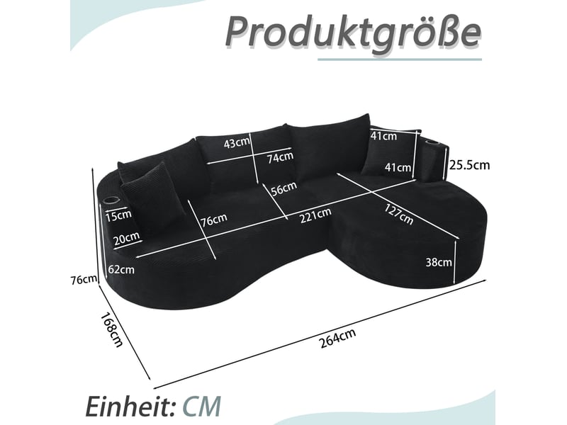  Canapé d'angle incurvé fixe 3 places en velours côtelé noir, méridienne à droite et porte-gobelets intégrés  - Conforama C