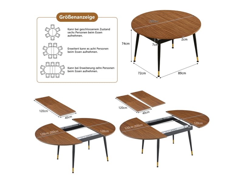 Table à manger ovale extensible 6 à 10 personnes, aspect noyer et noir, mdf et métal, 200 x 120 x 73,66 cm - Conforama E