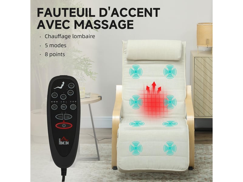  Fauteuil relax massant et chauffant en lin crème 67x95x101 cm  - Conforama D