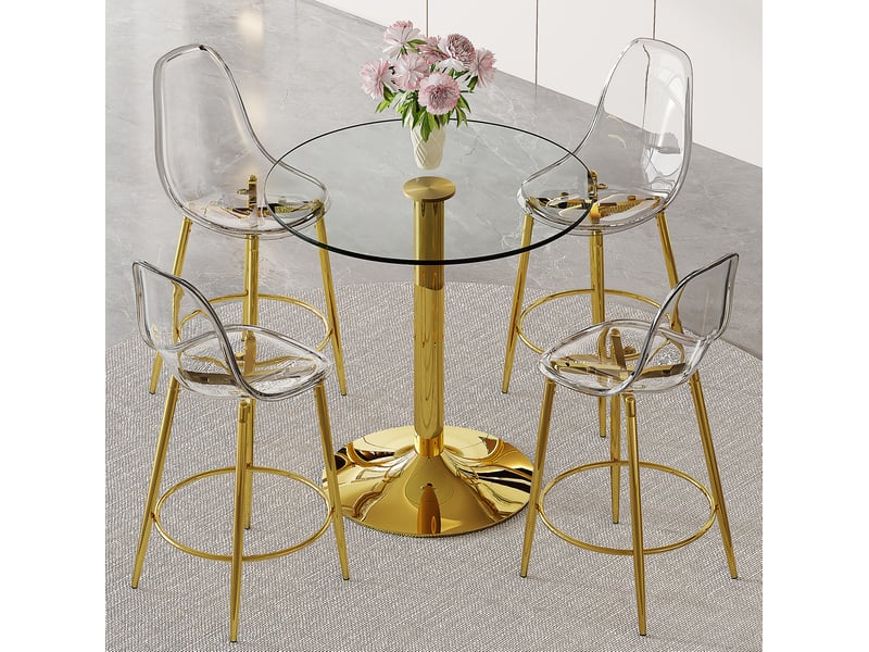  Ensemble bar table ronde en verre 89 cm et 4 tabourets transparents dorés, idéal pour cuisine ouverte  - Conforama B