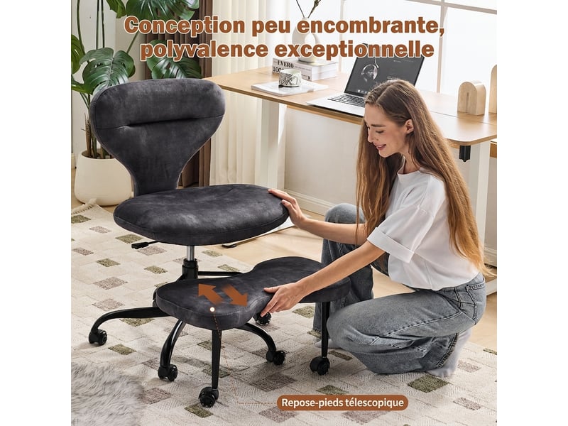  Chaise de bureau grise de méditation adulte avec roulettes silencieuses, hauteur réglable et repose-pieds rétractable  - Conforama R