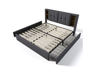 Lit coffre 160 × 200 cm 2 places avec 4 tiroirs, usb, type-c et recharge sans fil, matelas inclus, gris en lin