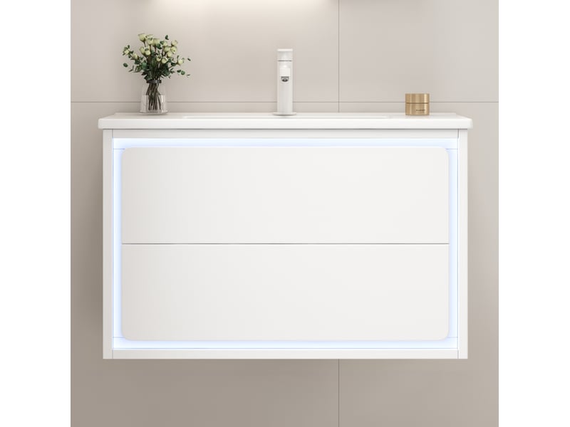 Meuble de salle de bain suspendu 76x46x48,5 cm, 2 tiroirs, vasque, meuble avec led radar, mdf blanc, rangement pratique - Conforama B