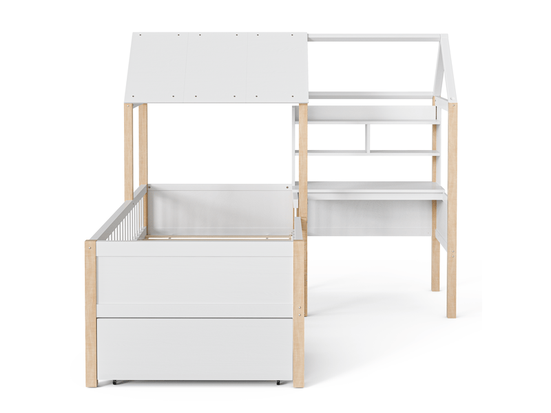  Lit cabane enfant 90 x 200 cm, lit simple avec bureau en l, bibliothèque, tiroirs à roulettes, sans matelas, blanc  - Conforama E