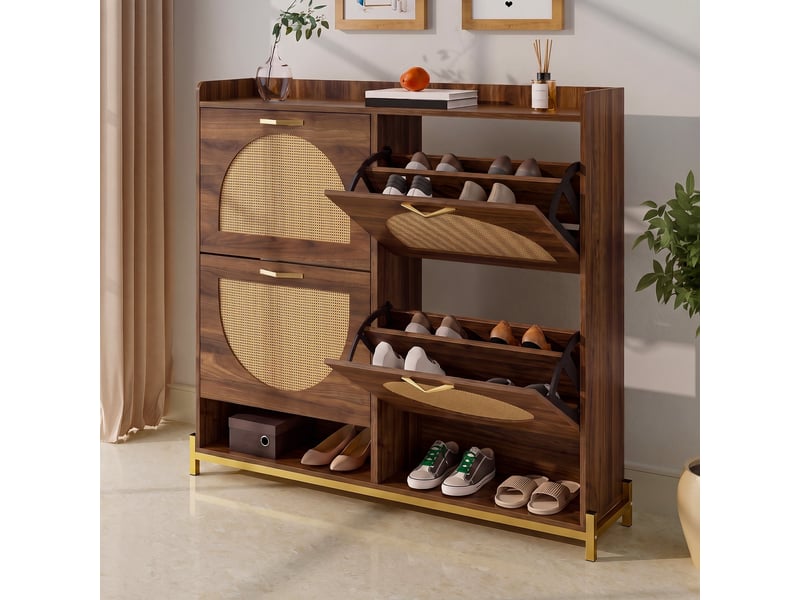  Meuble à chaussures 108,5x24x100 cm, 4 abattants, effet rotin, niches ouvertes, grand rangement pour entrée et couloir - noyer  - Conforama E