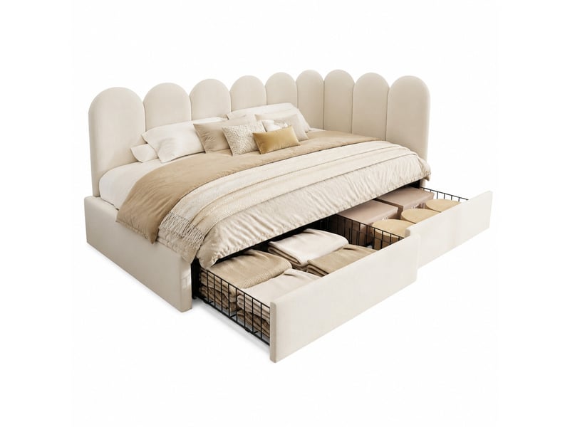  Lit simple 90x190 cm avec 2 tiroirs en velours beige  - Conforama A