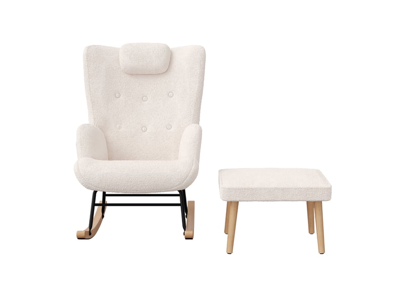  Fauteuil à bascule en tissu bouclette avec repose-pieds - 70 x 66 x 89 cm-blanc - chaise berçante avec appui-tête et poches latérales  - Conforama D