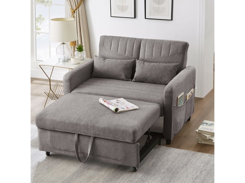  Canapé convertible 2 places gris en tissu coton lin, dossier réglable 3 positions, avec 2 coussins, adapté pour salon et petit espace.  - Conforama D