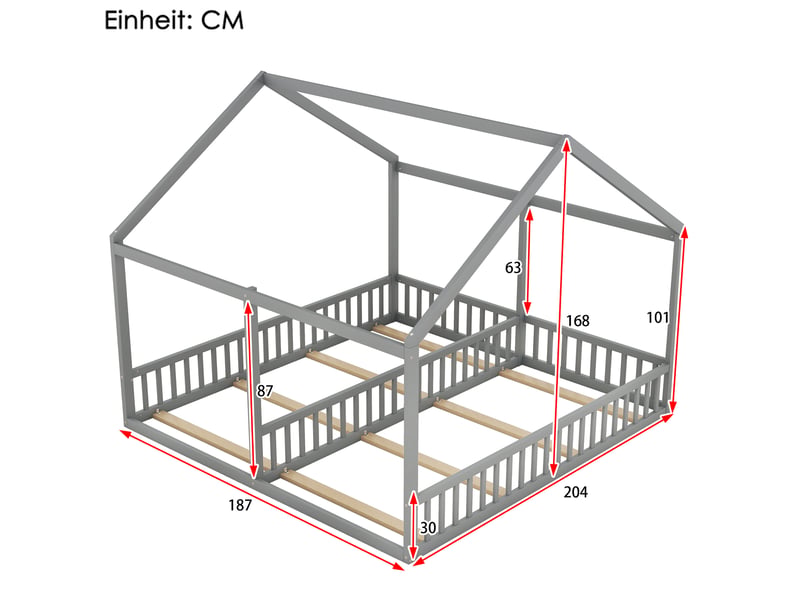  Lit enfant 2-en-1 90 x 200 cm, 2 couchages côte à côte, forme maison, gris  - Conforama E