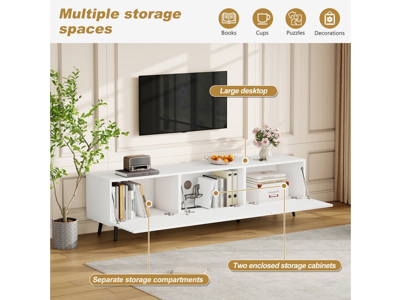  Meuble tv blanc 180 cm en mdf, meuble tv pour téléviseur 80 pouces avec 3 portes rabattables et grand rangement  - Conforama R