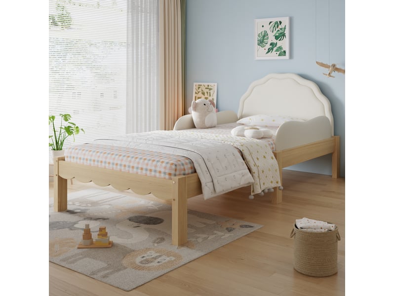  Lit enfant 90x200 cm avec barrières latérales et tête de lit rembourrée en bois et pu coloris beige et naturel  - Conforama D