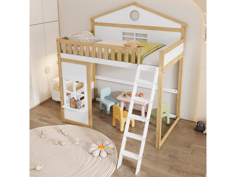  Lit superposé 90x200 cm cabane enfant - avec fenêtres et toit, barrière de sécurité et espace libre dessous - sans matelas - bois pin + mdf - blanc et naturel  - Conforama D