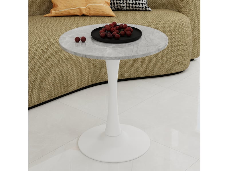  Table basse ronde 70x70x72cm design moderne, pieds hauts, marbre reconstitué, adaptée à 2 personnes, gris et blanc  - Conforama E