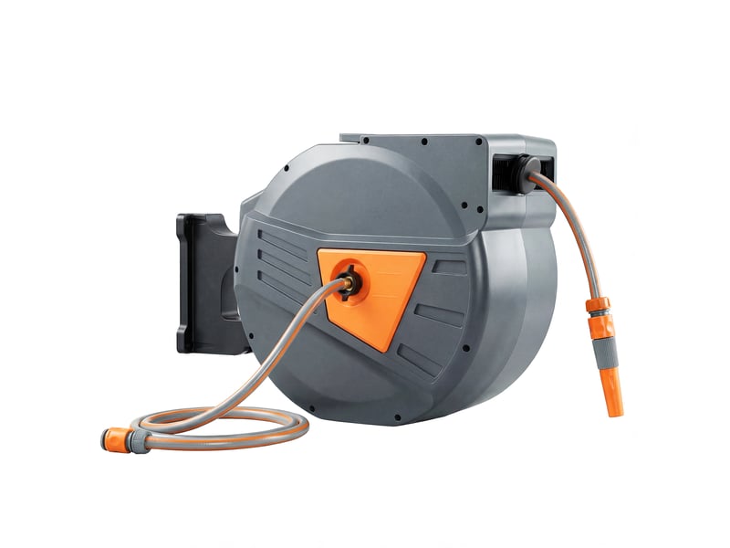  Dévidoir mural enrouleur automatique pivotant 180° tuyau 40 + 2 m avec lance arrosage 2 modes support mural intégré orange gris  - Conforama E