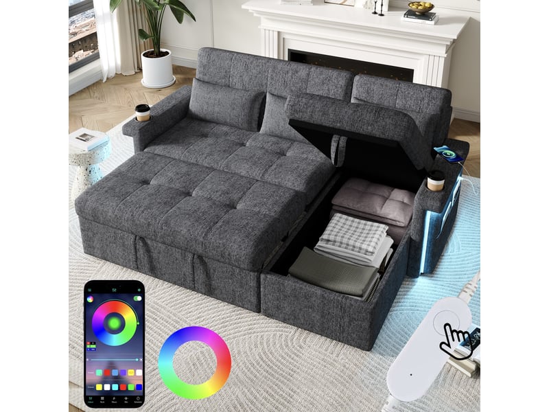 Canapé d'angle convertible l 209x141x90 cm - led ports usb dossier réglable porte-gobelet - gris BUYDEEMEUS - Conforama B