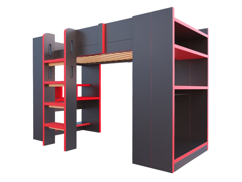  Lit mezzanine 90x200 cm avec bureau, rangements, led et prises, noir et rouge, sans matelas  - Conforama E