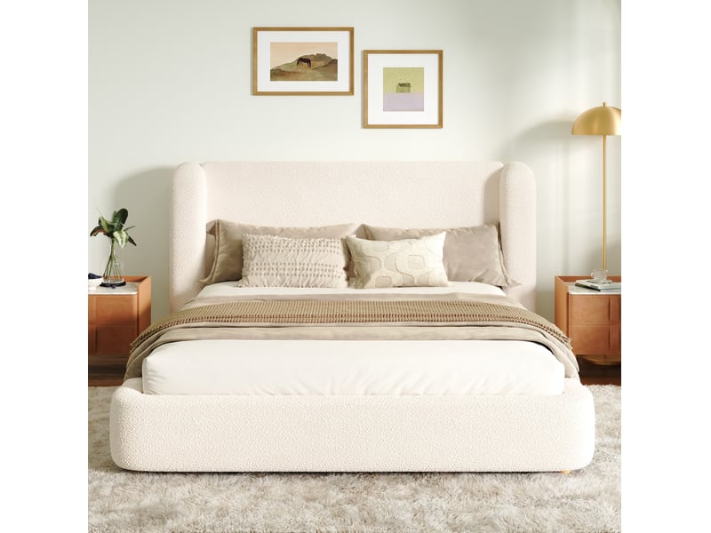  Lit double 180x200 cm en tissu bouclette beige avec sommier à lattes et tête de lit rembourrée, sans matelas  - Conforama E