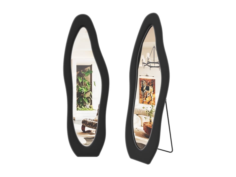  Miroir corps entier 160x50 cm, miroir sur pied ondulé asymétrique, avec pied u, pour chambre et dressing, cadre velours doux style scandinave, rose  - Conforama A