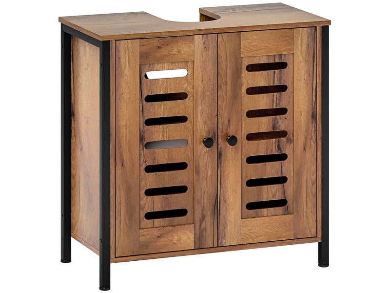  Meuble sous-évier industriel avec 2 portes à lattes à fermeture magnétique et étagère réglable, 60 x 30 x 60 cm, marron rustique  - Conforama A