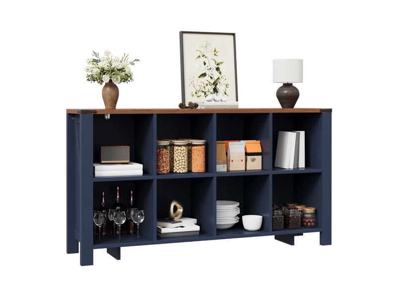  Buffet - 140x34x75cm - meuble de rangement ouvert avec 8 casiers &amp; plateau bois - bleu foncé  - Conforama A