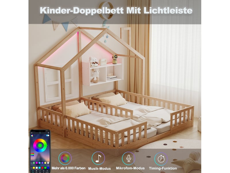  Lit cabane enfant 2 x 90x200 cm – bois naturel – led multicolores, étagères et sommiers – sans matelas  - Conforama E