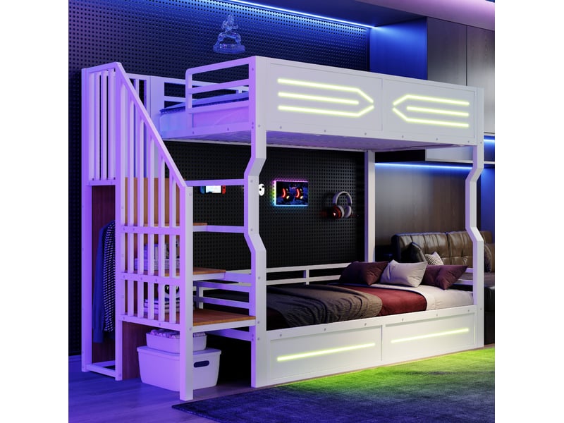 Lit mezzanine 90x200 cm avec rangement, escalier, lit enfant avec led et garde-corps haut, métal+mdf, blanc sans matelas - Conforama E