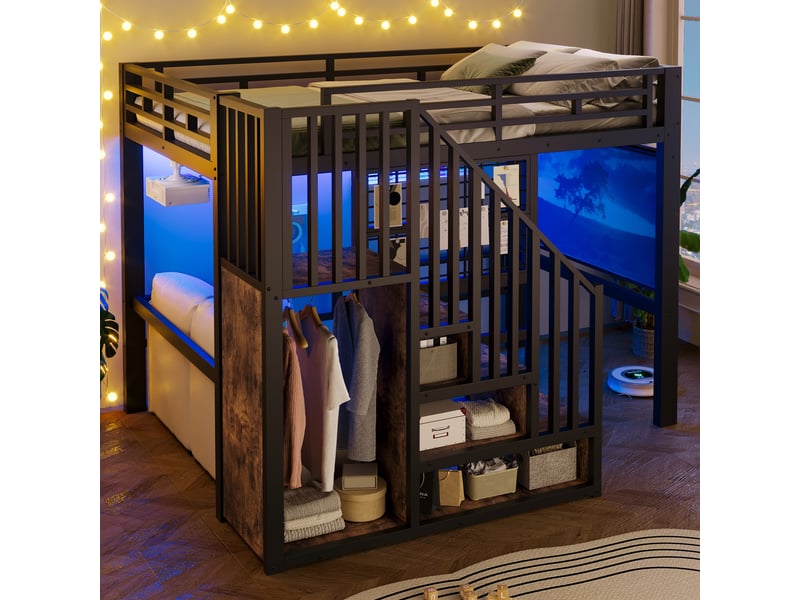  Lit mezzanine 140x200 cm avec escalier de rangement, lit surélevé avec barrière latérale, support projecteur et éclairage led, noir OPULERANE TRADING LTD - Conforama D