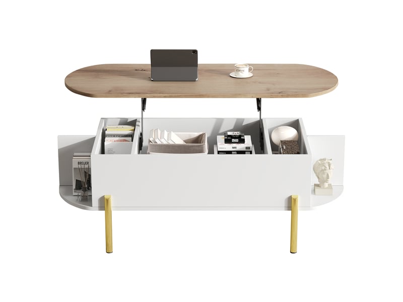  Table basse 120 x 50 x 43 cm, table de salon, table basse avec plateau réglable en hauteur, tables d'appoint, tables de canapé avec rangement dissimulé, table basse à 7 étagères, couleur bois et blanc  - Conforama A