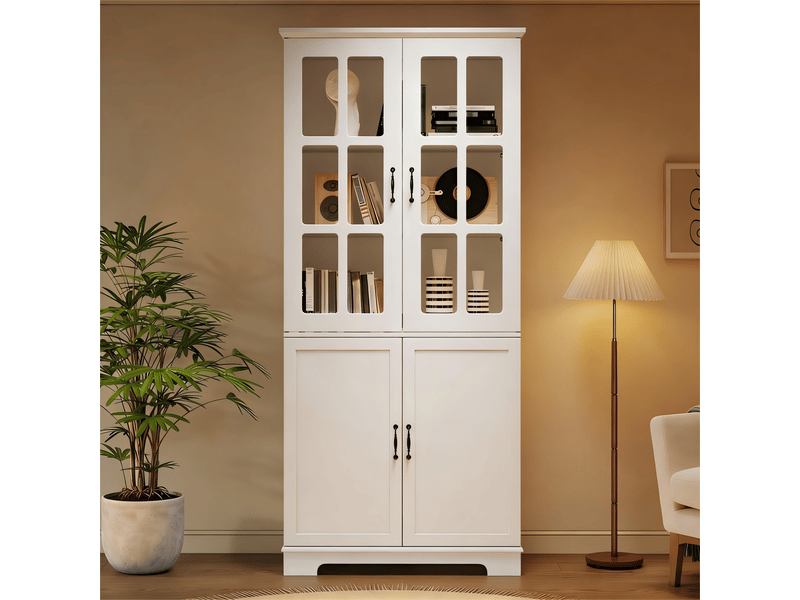  Vitrine 4 portes 5 niveaux avec rangement et verre trempé - style campagne, panneaux de particules - blanc  - Conforama B