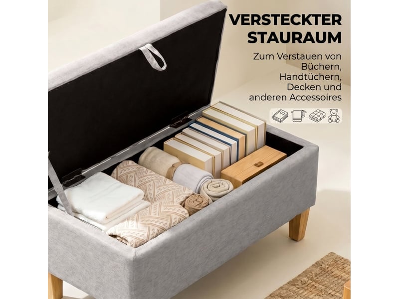  Banc coffre 71x37x36 cm, rangement intégré, pieds métal, assise douce, meuble bureau et salon, bois et lin, gris clair  - Conforama E