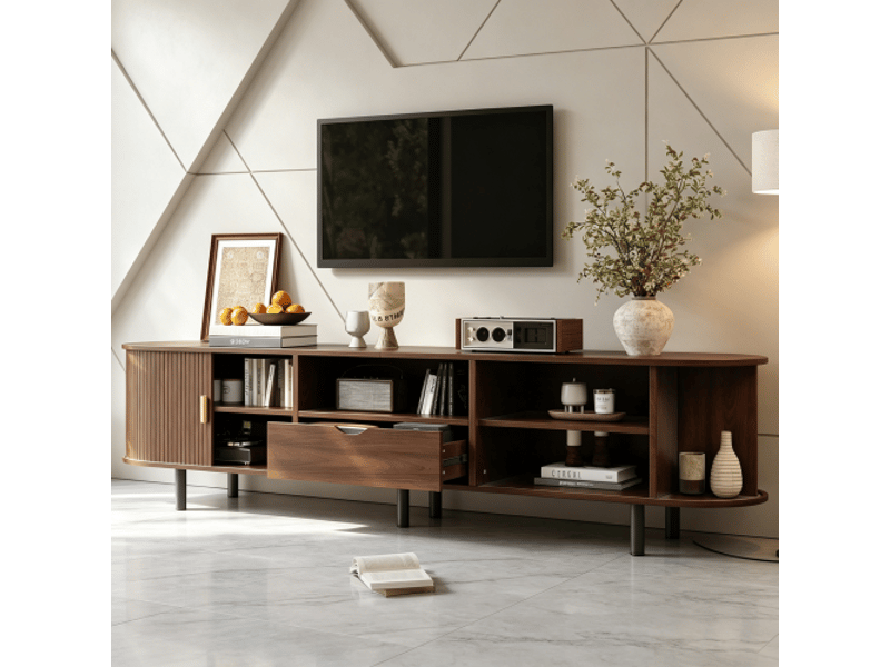  Meuble tv 175x40x55 cm - meuble bas arrondi avec porte à rideau, tiroir et niches ouvertes, charge 50 kg, mdf - noyer  - Conforama B