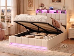 Lit coffre 160x200 - lit 2 places - avec usb + type-c - avec lumière led - beige (matelas non inclus)